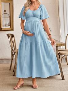 SHEIN Gravidklänning med A-linjeform och volangärmar, rosett baktill - Babyblå - Visa 3