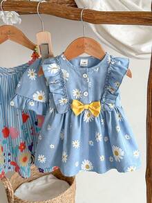 SHEIN Summer Newborn Baby Girl Apricot Round Neck Ruffle Cartoon Cherry Print Sleeveless Red Bow Dress With Red Hat Elegant And Cute - Baby Blue - View 4