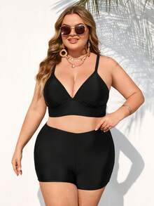 SHEIN CURVE+ Bộ đồ bơi 3 mảnh Tankini vải đen cỡ lớn dành cho nữ, thích hợp đi biển và nghỉ dưỡng. - màu đen - Xem 4