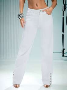 Denimoi Quần jeans ống đứng xẻ tà có cúc cài, kiểu dáng thời trang, cá tính, phong cách đường phố. - trắng - Xem 2