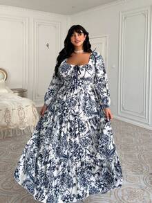 Lyrianda 大码女式休闲蓝色碎花长袖连衣裙 - 彩色 - 查看 5