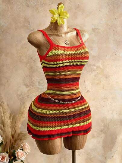 Mistrie Women's Sleeveless Striped Knit Dress, Short Fitted Frill Trim Summer Beach Vacation Dress