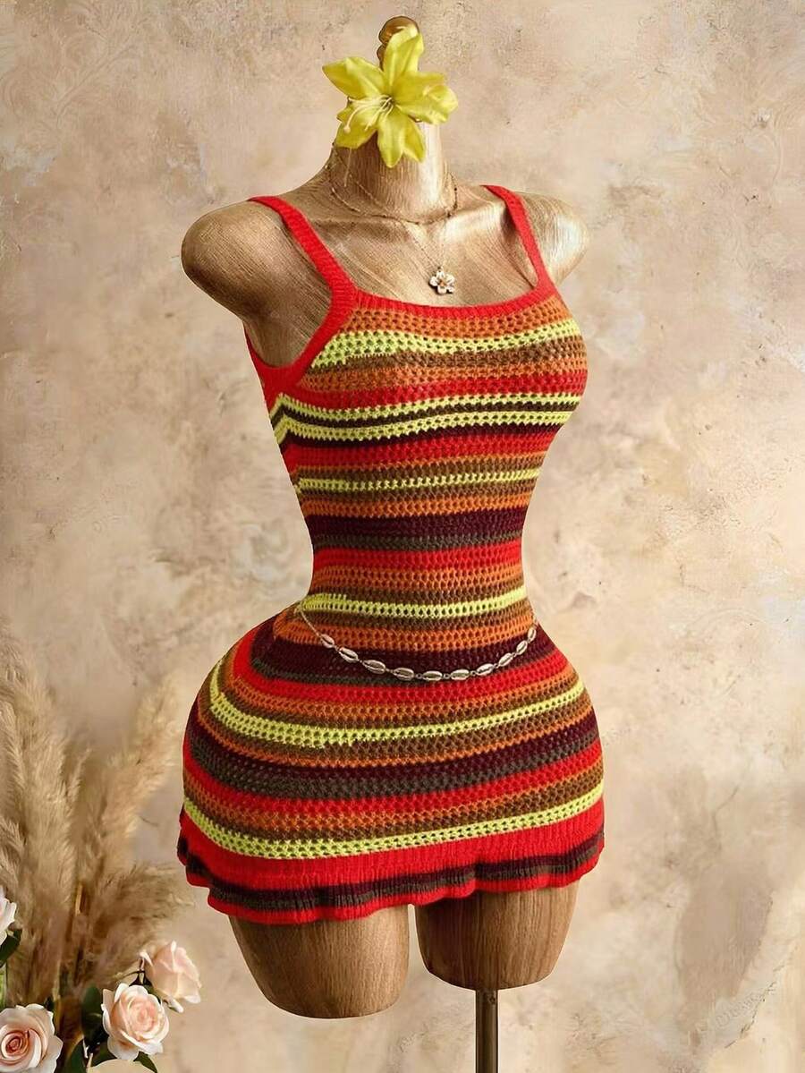 Mistrie 女士无袖条纹针织连衣裙，短款修身荷叶边夏季沙滩度假连衣裙 - 彩色 - 查看 1