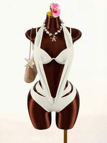 Amplova Áo tắm liền thân cổ yếm phối lưới dành cho nữ, thiết kế hở lưng gợi cảm, trang phục đi nghỉ mát, trang phục du lịch cho nữ, trang phục ngày lễ cho nữ - Màu be - Xem 10