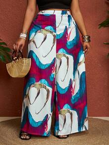 SHEIN CURVE+ Plus Size Multicolor Random Print Wide Leg Long Pants With Zipper Closure Casual Style Woven Fabric For Women - Multicolor - View 5