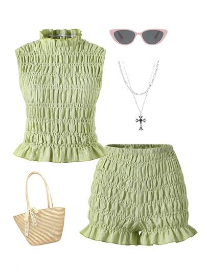 Teen Girl Solid Color Frill Collar Tank Top And Shorts Set