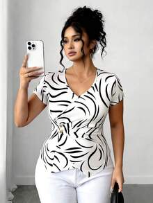 Elenzga Plus Size Women Spring/Summer Casual Romantic Date Suitable Fashion Versatile Daily Commute T-Shirt - Multicolor - View 4