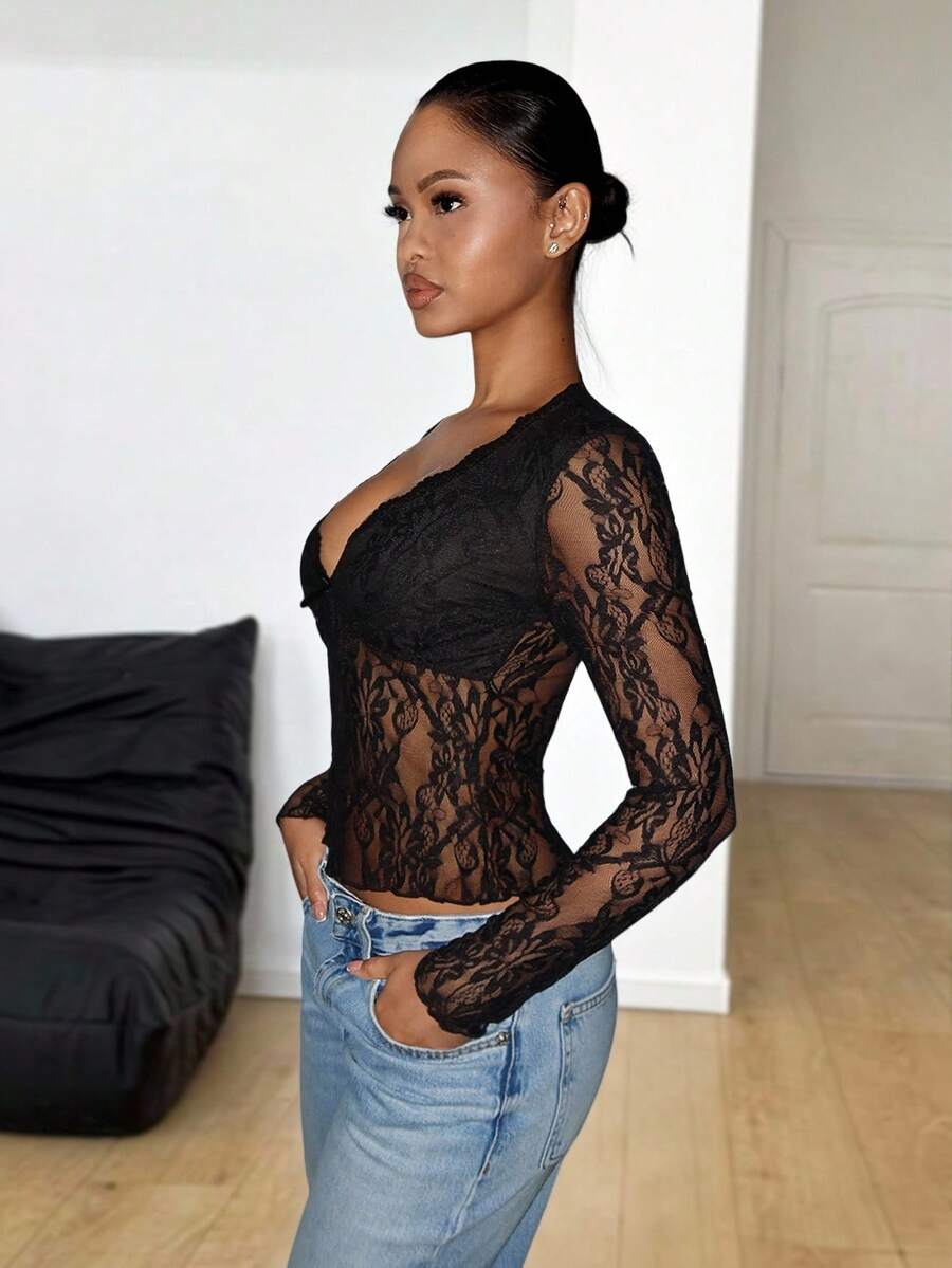 SHEIN PETITE 女士秋季/四季街头风锐舞节波西米亚西部风Y2K辣妹蕾丝V领长袖T恤