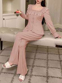 DAZY 2pcs Spring Women Sleepwear Set, Marl Knit Fabric Romantic Lace Trim Cardigan & Straight Leg Long Pants Pajamas - Baby Pink - View 3