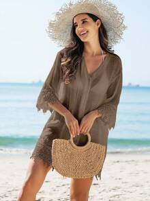 Swim Vcay Áo khoác kimono nữ mùa hè đi biển phối ren, cài cúc phía trước. - Cà phê nâu - Xem 6