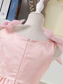 SHEIN Textured Fabric Flower Girl Dress With Bow Shoulder Decor, A-Line Silhouette, Short Length, Suitable For Weddings, Parties, Birthdays, Banquets - Pink - View 10