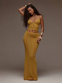 MUSERA 钩针编织修身吊带背心和长裙套装，春夏假日度假海滩伊比沙岛音乐节派对优雅女神 - 金色 - 查看 1