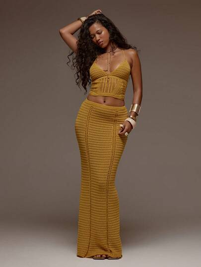 MUSERA 钩针编织修身吊带背心和长裙套装，春夏假日度假海滩伊比沙岛音乐节派对优雅女神