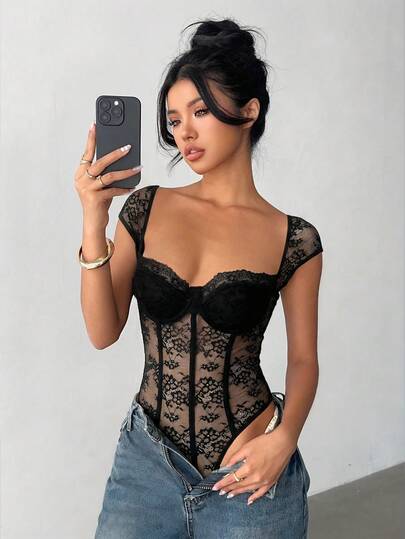 Aloruh Fashionable Sexy Black Lace Bodysuit For Women