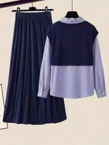 GlowEve CURVE 大码女式条纹披肩和纯色A字裙两件套，休闲日常穿搭 - 藏蓝色 - 查看 2