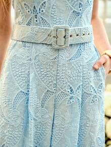 MOTF PREMIUM WOMEN'S ROMANTIC ELEGANT LACE BUCKLE BELTED BANDEAU JUMPSUIT, SPRING/SUMMER - Blue - View 2