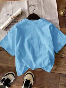 Young Boy Casual Minimalist Five-Pointed Star Print Short Sleeve Round Neck T-Shirt, Suitable For Summer - Dusty Blue - View 2