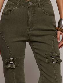 MUSERA Calça jeans flare ajustada com detalhe de fivela na cintura média, perfeita para primavera/verão, encontros românticos, baladas, festivais, férias e passeios. Soul Ties - Verde de Exercício - Ver 5