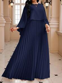 SHEIN CURVE+ Gaun Plus Size Sederhana Elegan Warna Polos dengan Hem Berlipit untuk Acara Gereja, Malam Formal, Pernikahan, Pesta Pernikahan, Biru Tua, Musim Gugur - Navy Blue - View 3