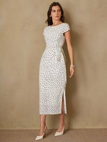 Revavyn Đầm ngắn tay ôm eo thanh lịch kiểu retro dành cho nữ, chất liệu vải chấm bi, thiết kế theo phong cách Pháp. - Đen và trắng - Xem 6