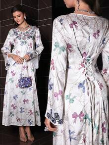 Al Najma Elegant Luxurious V-Neck Beaded Flare Sleeve Dress, Spring/Summer - Multicolor - View 6