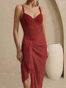 Swim Oasis 2件套夏季度假性感露背吊带连体泳衣和纱笼长裙 - 酒紅色 - 查看 5