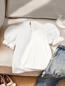 SHEIN Áo sơ mi ngắn tay cổ bẻ màu trơn dáng casual dành cho bé gái, có nơ, thích hợp cho các buổi đi chơi, đi làm và các hoạt động hàng ngày khác, mùa xuân/hè. - trắng - Xem 2