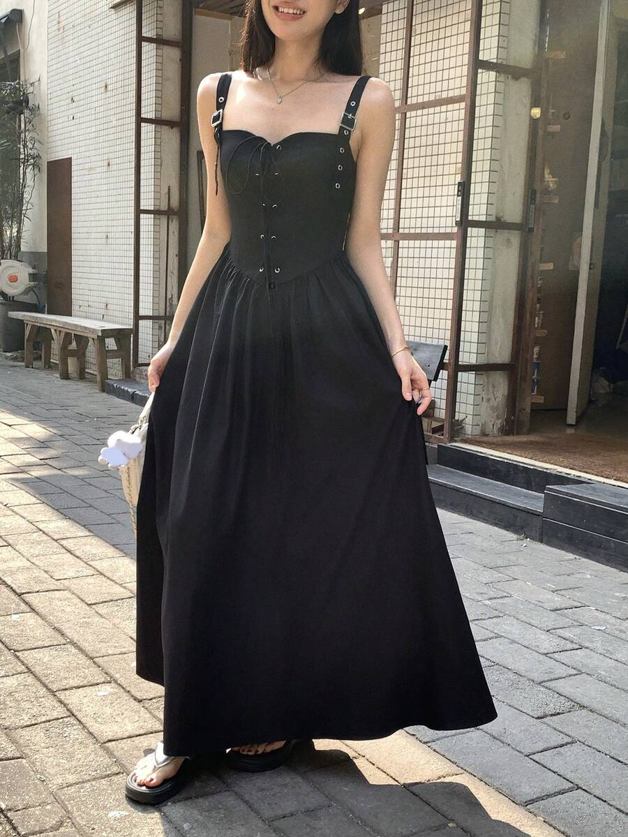 FRIFUL 女士吊带交叉系腰A字连衣裙 - 黑色 - 查看 1