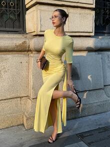 Siren Gaze 女士黄色蝙蝠袖露背连衣裙 - 鵝黃色 - 查看 5