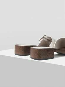 Mnmlis Fashionable & Versatile Wooden Slip-On Sandals With Large Buckle PU Wedge For Women - White - View 6