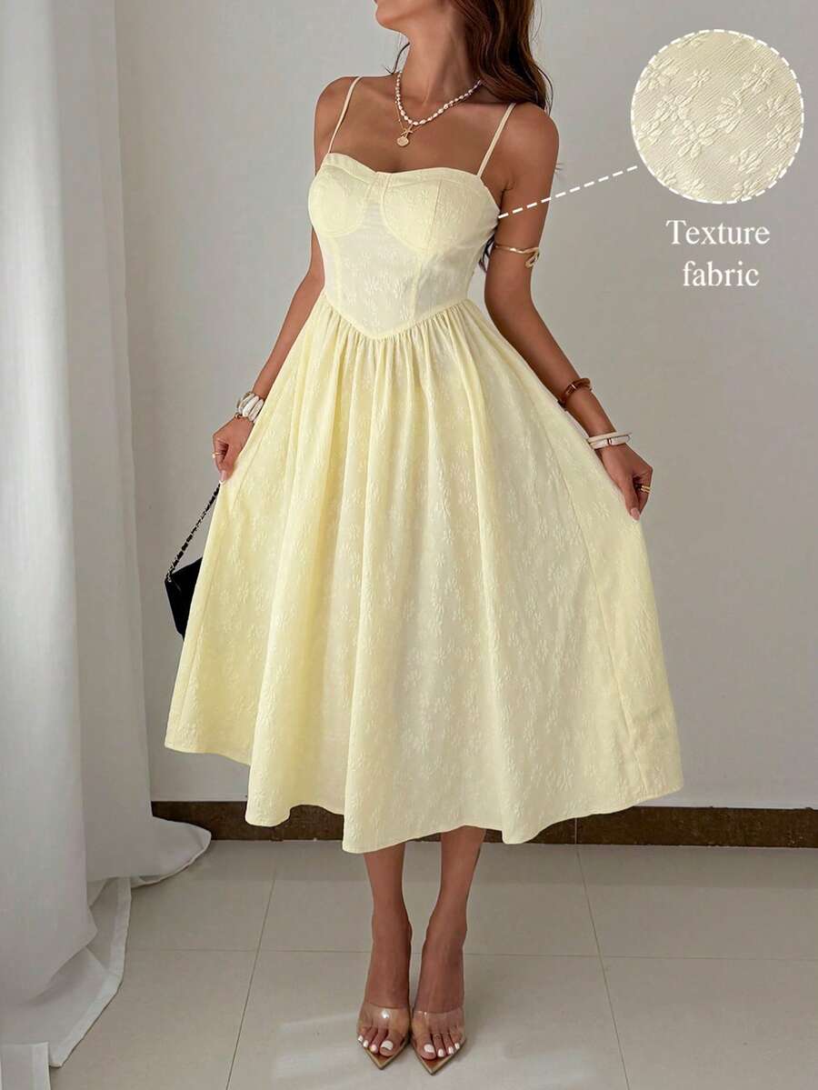 Rafferiza Tall 时尚百搭约会派对吊带喇叭连衣裙，秋冬女装 - 鵝黃色 - 查看 1