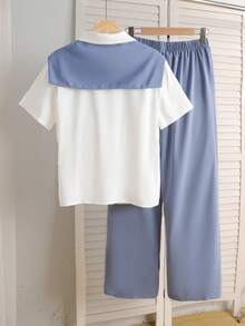 SHEIN Teen Girls' Blue & White Loose Blouse And Wide Leg Pants 2 Pieces Set, Elegant Casual College Style, Spring/Summer - Blue and White - View 2