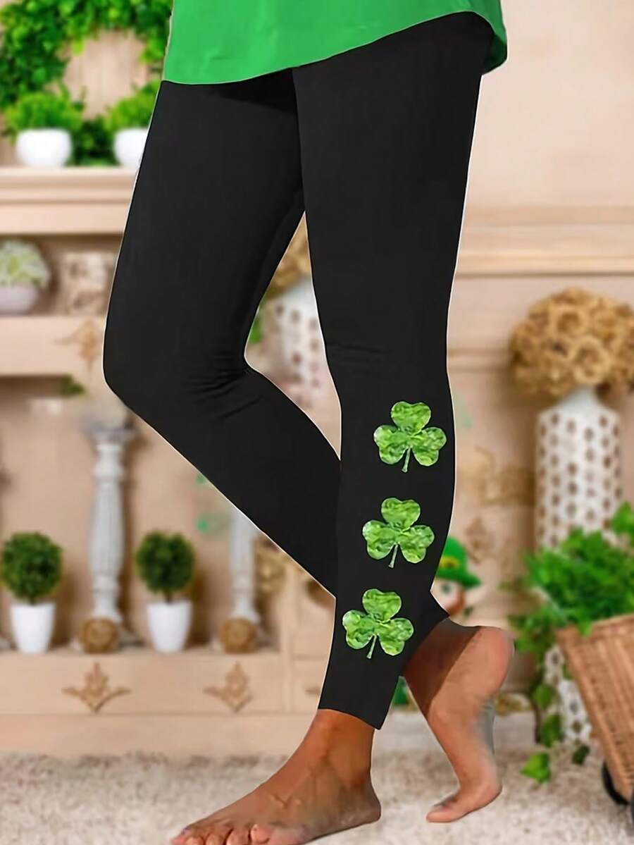 EMERY ROSE St. Patrick's Day Printed High Waisted Leggings, Casual Tight Elastic Pants - Black - View 1