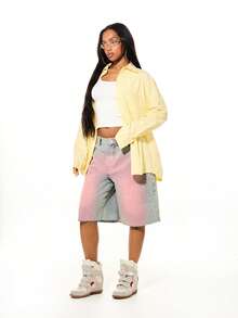 SUMWON WOMEN Áo sơ mi dài tay cổ bẻ kẻ sọc vàng dáng rộng, thích hợp mặc đi biển, phong cách thường ngày mùa xuân hè, nghỉ dưỡng. - Màu vàng - Xem 7