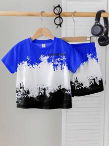 SHEIN Little Byeori 2pcs/Set Young Boys' Casual Comfortable Versatile Splatter Print Short Sleeve Top And Shorts Set, Suitable For Spring And Summer - Royal Blue - View 5