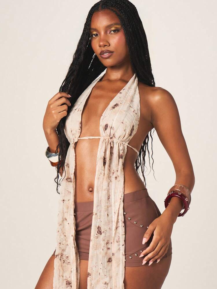 MISSGUIDED Débardeur long drapé à col ras-du-cou fleuri avec lien dans le dos, tenue de plage d'été et de vacances