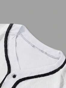 ROMWE MEN Prep 男士休闲时尚街头通勤字母数字印花撞色滚边宽松衬衫，夏季 - 白色 - 查看 3