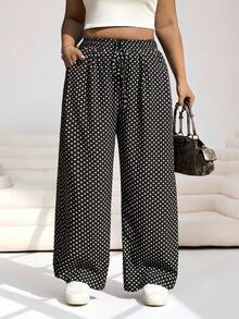 SHEIN EZwear 大码休闲波点印花宽松直筒裤，带侧袋 - 黑與白 - 查看 1
