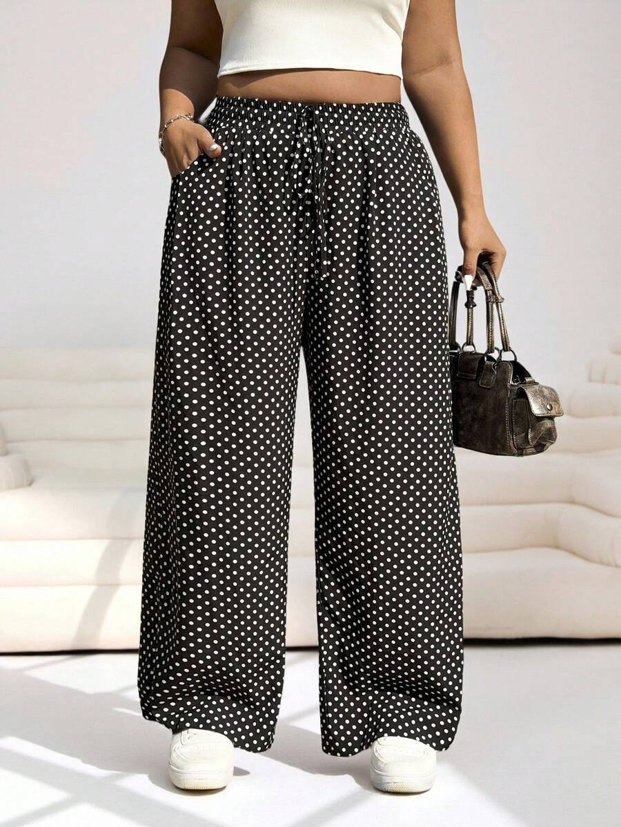 SHEIN EZwear 大码休闲波点印花宽松直筒裤，带侧袋 - 黑與白 - 查看 1