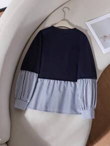 SHEIN Teen Girl Casual Katseye Cute Everyday Patchwork Striped Floral Print Sweatshirt, Fall, Autumn, Holiday Graduation Cruise Navy - Grey - View 2