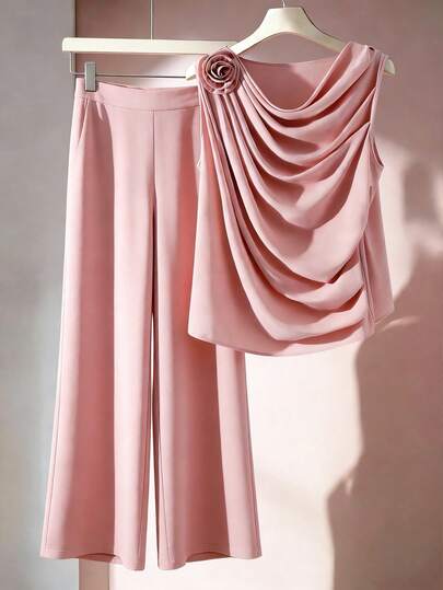 GlowEve CURVE Plus Size Women's Spring/Summer Silky Soft Solid Color Fabric Sleeveless Loose Pullover Shirt And Matching Straight Leg Loose Casual Pants With Pockets, 2 Piece Set, Suitable For Commuting, Business, And Daily Wear