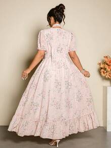 Cravure Plus Size Women's Floral Print Chiffon V-Neck Ruffle Puff Sleeve Maxi Dress Elegant Lady Outdoor Wear Vacation Pink Floral Summer - Pink - View 2