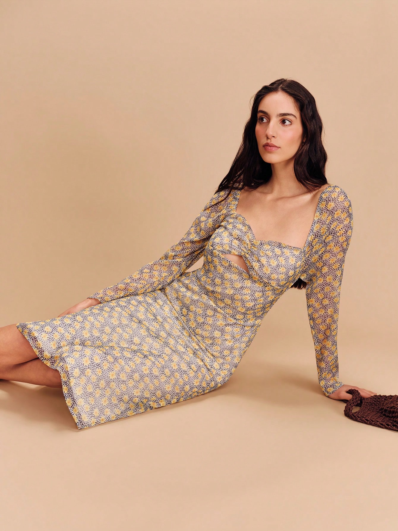 Daisy Print Chiffon Long Sleeve Midi Dress With Cut Out Detail Spring Summer Boho Flower Dress Date Night Dress Vacation Dress French Style Parisian Style