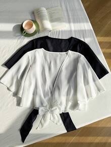 GalTyme 两件套加大码女式休闲度假风纯色荷叶袖前系结上衣，适合夏季假期、春假、嘉年华等场合，2026年女士时尚穿搭，也适合外出、海滩、优雅派对等场合。 - 彩色 - 查看 3