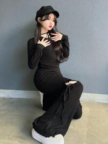 FRIFUL Women's Solid Black Side Slit Lace-Up Bow Flare Pants, Loose Casual Versatile Trousers - Black - View 4