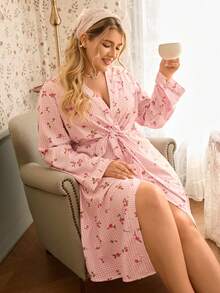 CottageSlumber 加大码花卉格纹泡泡褶皱长袖睡袍 - 粉色 - 查看 6