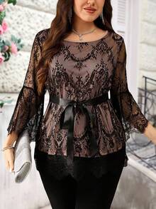 Miaspire Plus Size Women Elegant Black Lace Bell Sleeve Top Fall Women Clothes Christmas Christmas Women's Clothing - Khaki - View 4