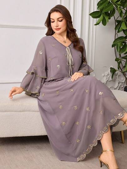 Al Najma Spring Embroidered Double-Layer Flare Sleeve Splice Gold Ribbon Romantic Plus Size Arabic Dress