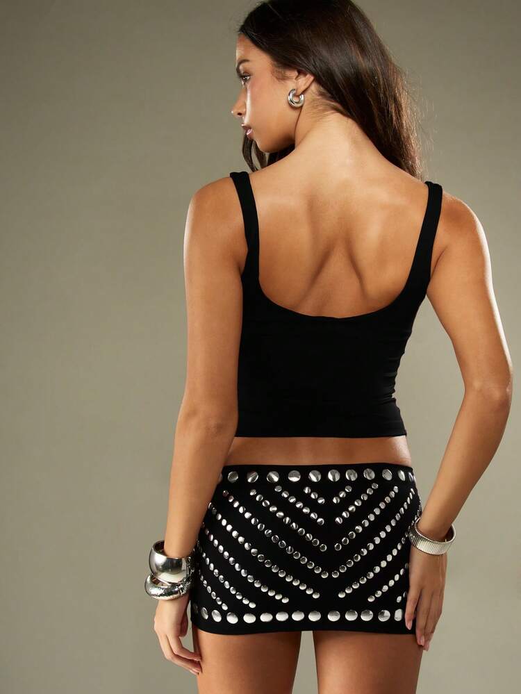 MISSGUIDED Studded Embellished Cami Top And Micro Mini Skirt Co Ord Set Festival Party Club Wear Outfit With Silver Metal Studs