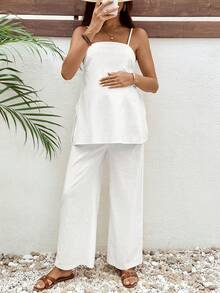 SHEIN 2pcs Maternity Solid Color Camisole Top And Pants Set - White - View 6